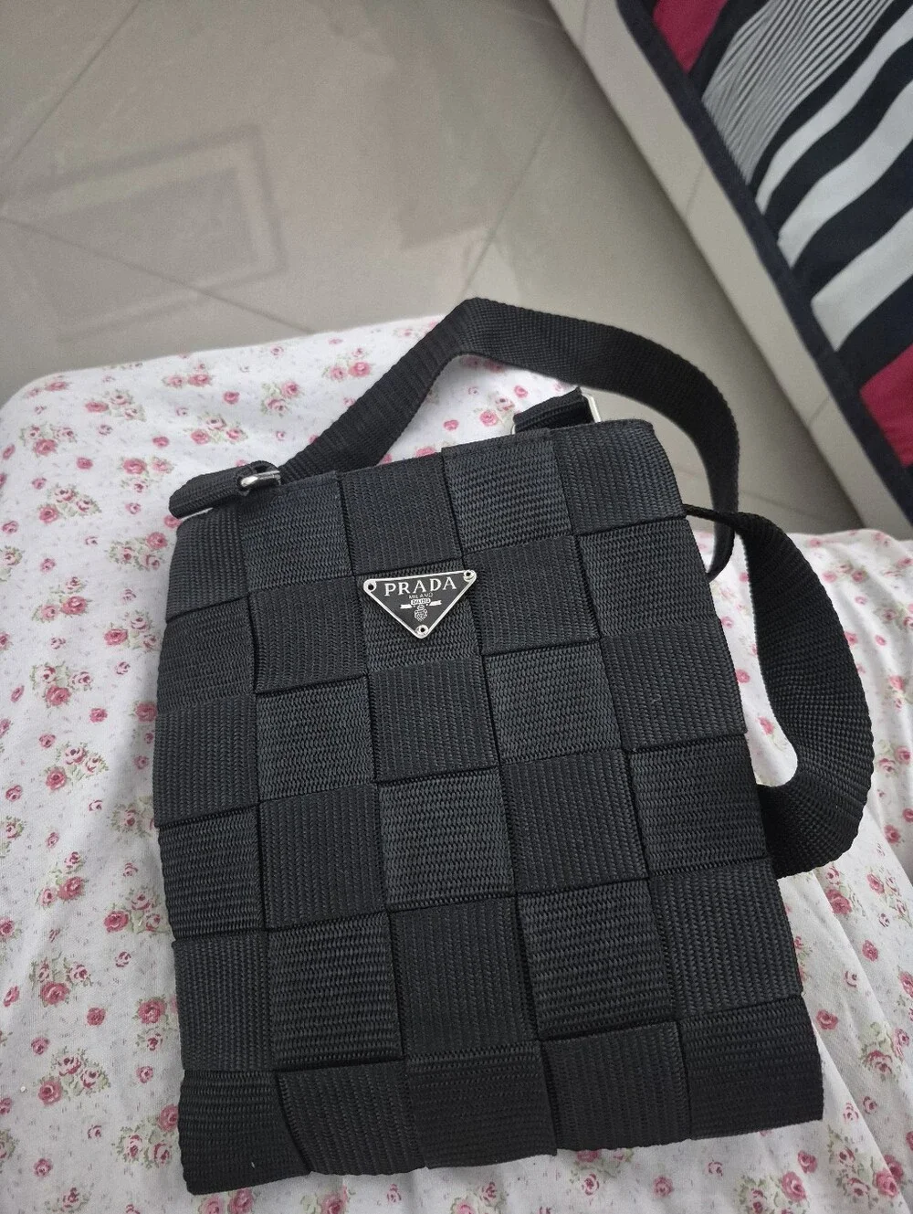 Black Woven Messenger Crossbody Bag  9.5x8